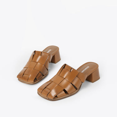 Sandale Tressée à Talon Carré - Caramel