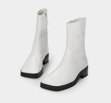 QUENTIN Zip Ankle Boots - Croc-Embossed White