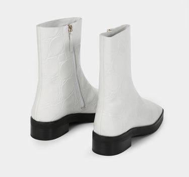 QUENTIN Zip Ankle Boots - Croc-Embossed White